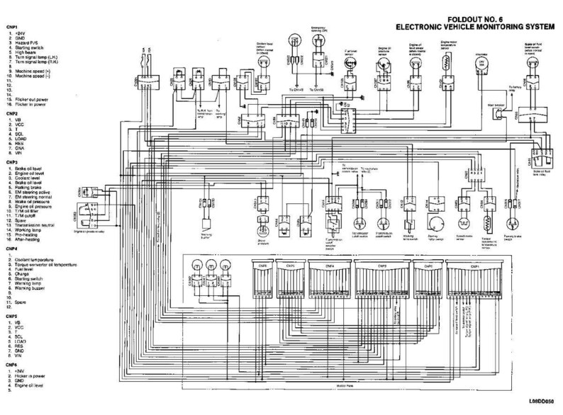 Op de afbeelding: Een zwart-wit diagram van een elektronisch voertuigbewakingssysteem. Het diagram bevat verschillende componenten, bedrading en tekstlabels. De titel "FOLDOUT NO. 6 ELECTRONIC VEHICLE MONITORING SYSTEM" staat bovenaan.