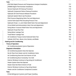 May include: A page from a manual with a table of contents. The text includes various tests and procedures related to hydraulic systems, air conditioning, and heating. The page number is 10.