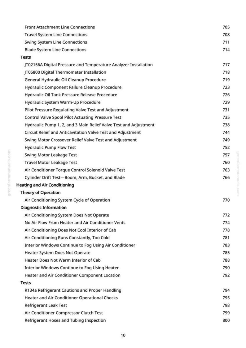 May include: A page from a manual with a table of contents. The text includes various tests and procedures related to hydraulic systems, air conditioning, and heating. The page number is 10.
