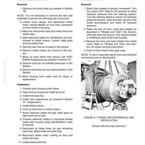 May include: A page from a manual detailing rear axle housing and wheel motor removal and installation procedures. The text includes step-by-step instructions and diagrams for automotive repair. The image is in black and white.