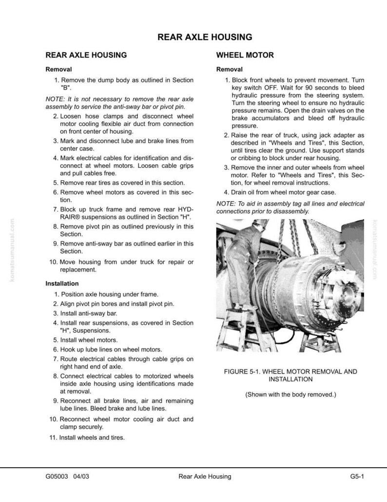 May include: A page from a manual detailing rear axle housing and wheel motor removal and installation procedures. The text includes step-by-step instructions and diagrams for automotive repair. The image is in black and white.