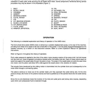 May include: A page from a shop manual, section E-13.30K, detailing the legend and operation of an all-wheel drive motor. The text lists components like bolts, valves, bearings, and plates. The manual explains the motor's function and operation.