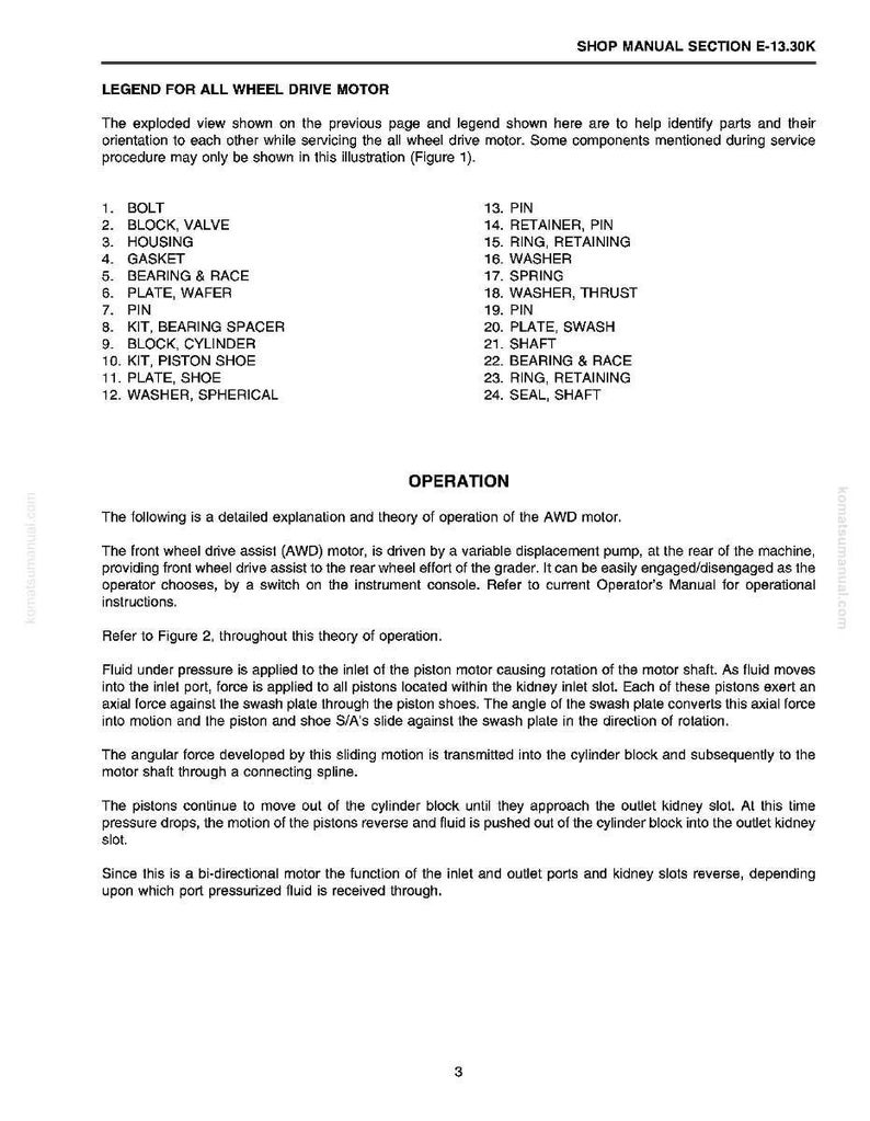 May include: A page from a shop manual, section E-13.30K, detailing the legend and operation of an all-wheel drive motor. The text lists components like bolts, valves, bearings, and plates. The manual explains the motor's function and operation.