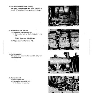 May include: A page from a manual titled "Disassembly and Assembly" with instructions for a cylinder head. The page includes diagrams and text detailing steps for air cleaner, fuel injection, muffler, and fuel control rod assembly.