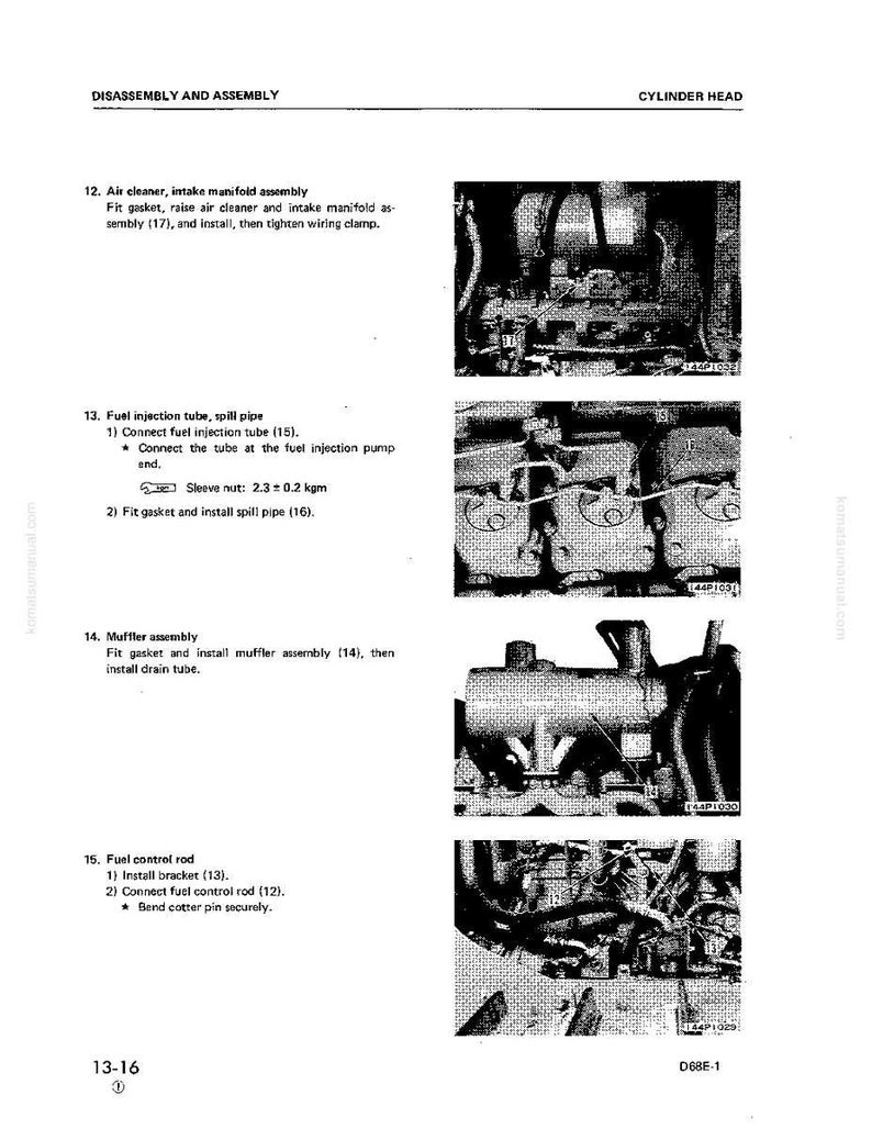 May include: A page from a manual titled "Disassembly and Assembly" with instructions for a cylinder head. The page includes diagrams and text detailing steps for air cleaner, fuel injection, muffler, and fuel control rod assembly.