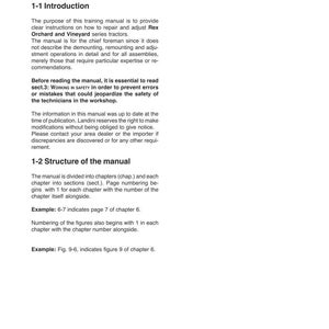 May include: A white manual page with the title "Introduction" and "Sect. 1 - Reading the manual." The text describes the manual's purpose, structure, and how to use it for Rex Orchard and Vineyard series tractors. Includes examples of page numbering.
