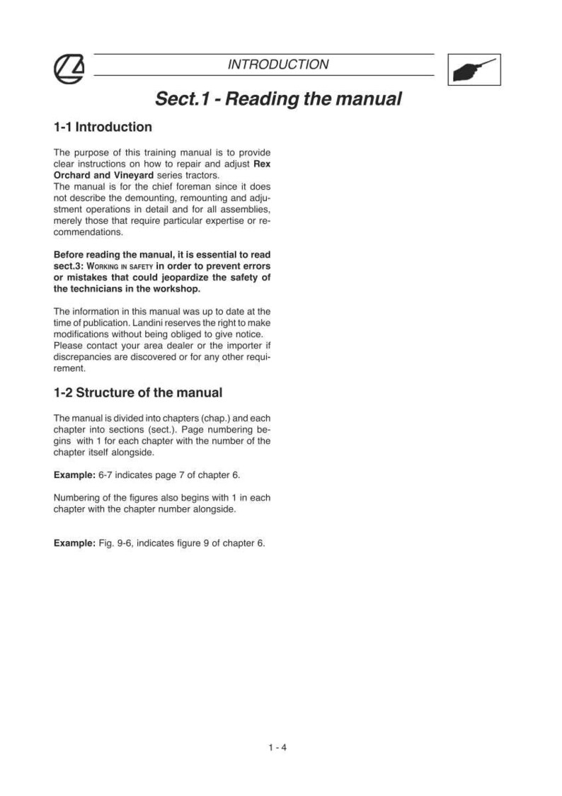 May include: A white manual page with the title "Introduction" and "Sect. 1 - Reading the manual." The text describes the manual's purpose, structure, and how to use it for Rex Orchard and Vineyard series tractors. Includes examples of page numbering.