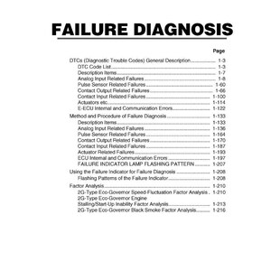Op de afbeelding: Een pagina uit een servicehandleiding met de titel "STORINGS DIAGNOSE". Het document bevat verschillende diagnostische onderwerpen, waaronder DTC's, sensorfouten en actuatorproblemen. Het YANMAR-logo is onderaan zichtbaar.