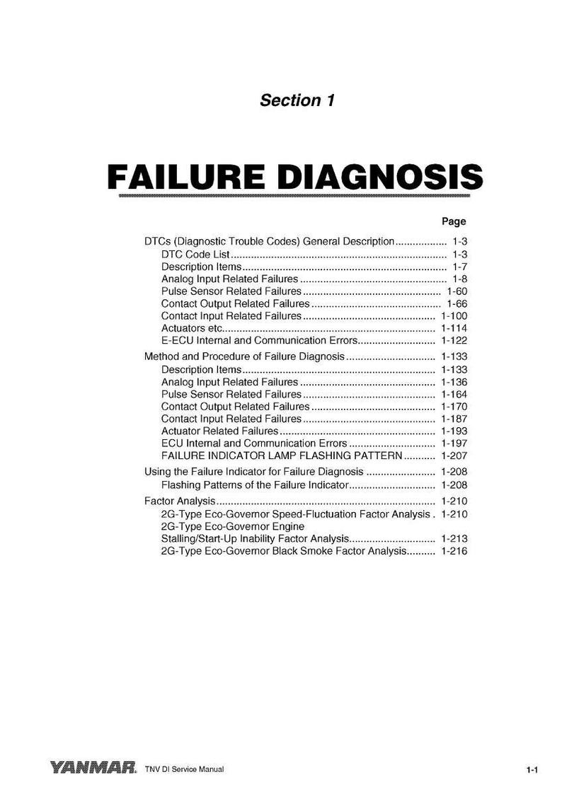Op de afbeelding: Een pagina uit een servicehandleiding met de titel "STORINGS DIAGNOSE". Het document bevat verschillende diagnostische onderwerpen, waaronder DTC's, sensorfouten en actuatorproblemen. Het YANMAR-logo is onderaan zichtbaar.