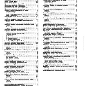 May include: A black and white index page from a manual, titled "Index Page X-4". The page lists various engine components and their corresponding page numbers, including "Injectors", "Oil Pump", and "Valve Tappet".