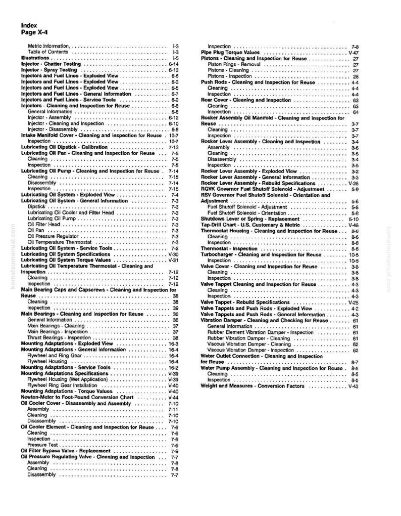 May include: A black and white index page from a manual, titled "Index Page X-4". The page lists various engine components and their corresponding page numbers, including "Injectors", "Oil Pump", and "Valve Tappet".