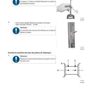 May include: Diagram of a mechanical testing procedure with text in French. Includes a hand holding a measuring device, a scale with a red arrow, and a diagram of a crankshaft. The text includes the words "M&Eacute;THODE D'INTERVENTION".