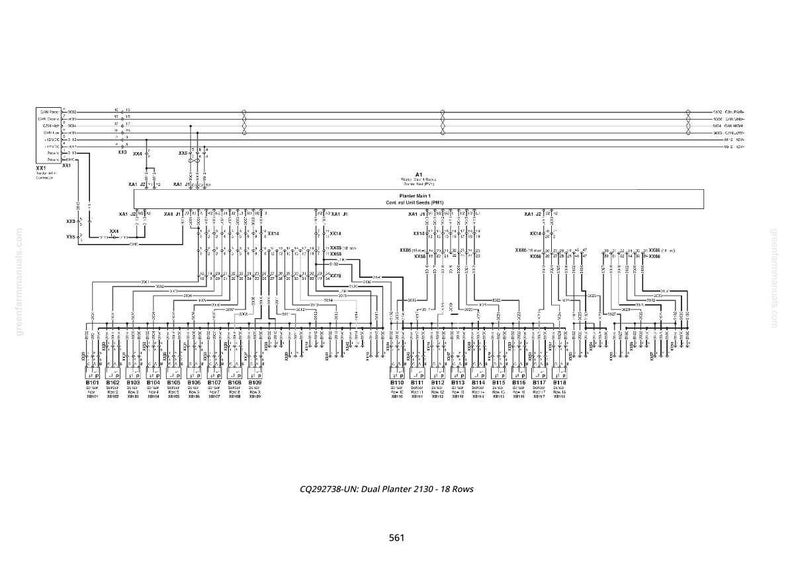 May include: A detailed black and white schematic diagram of a dual planter 2130 with 18 rows. The diagram includes numerous lines, connectors, and labels, providing a technical overview of the system's wiring and components.