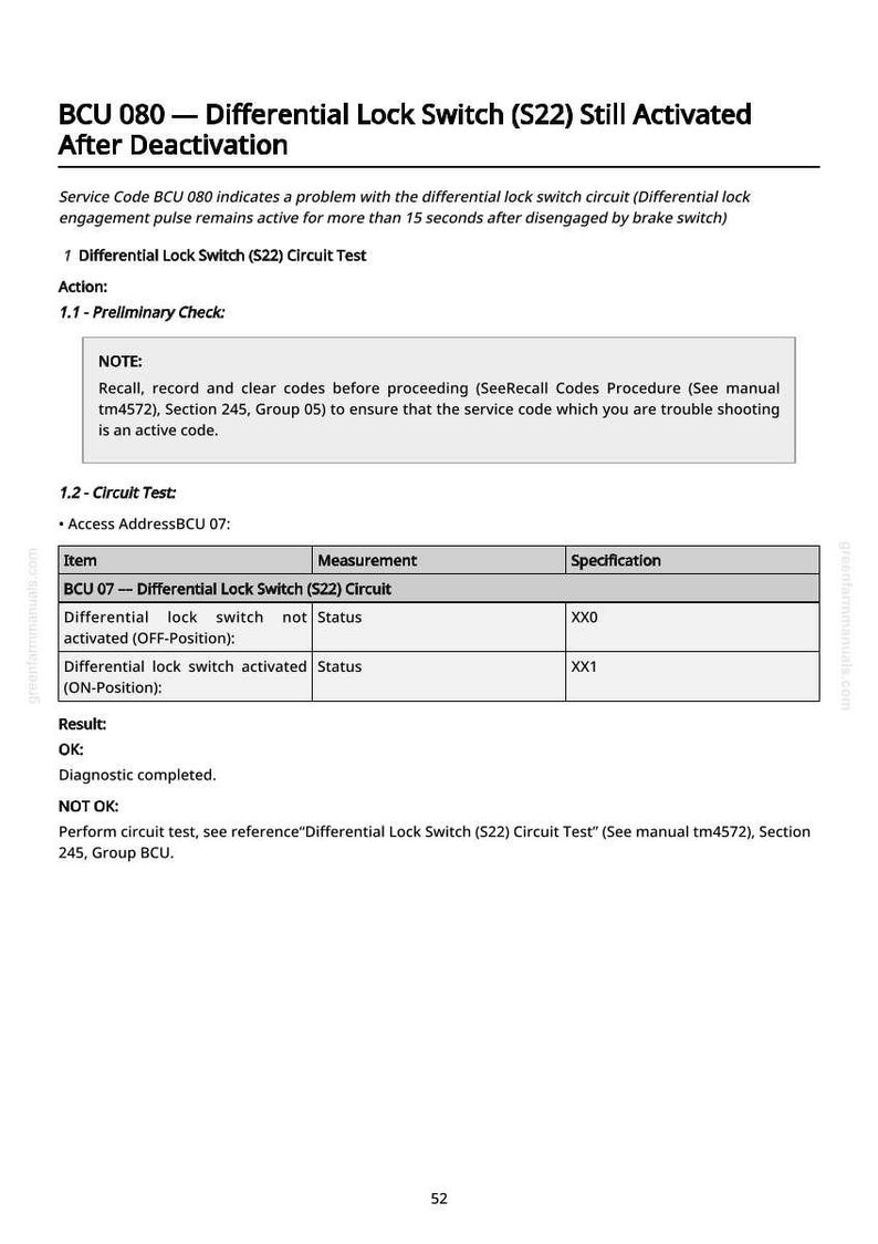 May include: A page from a manual detailing the BCU 080 Differential Lock Switch (S22) test. The text includes instructions, measurements, and specifications for troubleshooting the circuit. The page is white with black text.