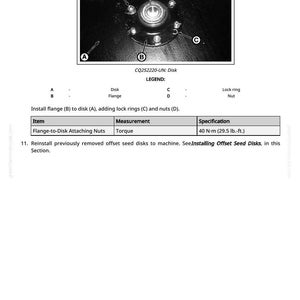 May include: Diagram of a disk assembly with labeled components: disk, flange, lock ring, and nut. The image includes a table specifying torque for flange-to-disk attaching nuts at 40 N-m (29.5 lb.-ft.).