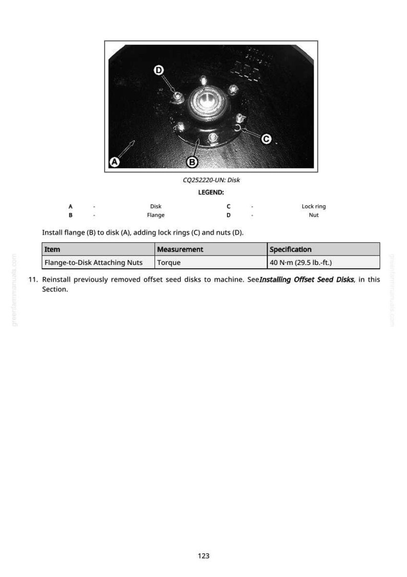 May include: Diagram of a disk assembly with labeled components: disk, flange, lock ring, and nut. The image includes a table specifying torque for flange-to-disk attaching nuts at 40 N-m (29.5 lb.-ft.).