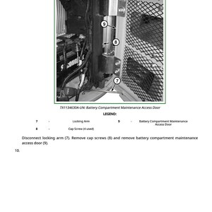 Puede incluir: Diagrama de una puerta de acceso de mantenimiento del compartimento de la bater&iacute;a con etiquetas para el brazo de bloqueo, los tornillos y la propia puerta de acceso. Se incluyen instrucciones de texto.