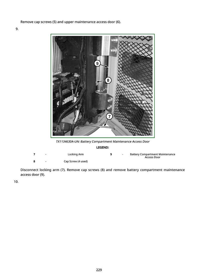 Puede incluir: Diagrama de una puerta de acceso de mantenimiento del compartimento de la bater&iacute;a con etiquetas para el brazo de bloqueo, los tornillos y la propia puerta de acceso. Se incluyen instrucciones de texto.