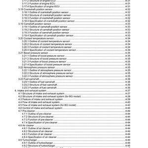 May include: A technical manual page with a table of contents, detailing engine components and functions. The text is black on white, with page numbers and section titles. The document is for automotive repair, with measurements in cm.