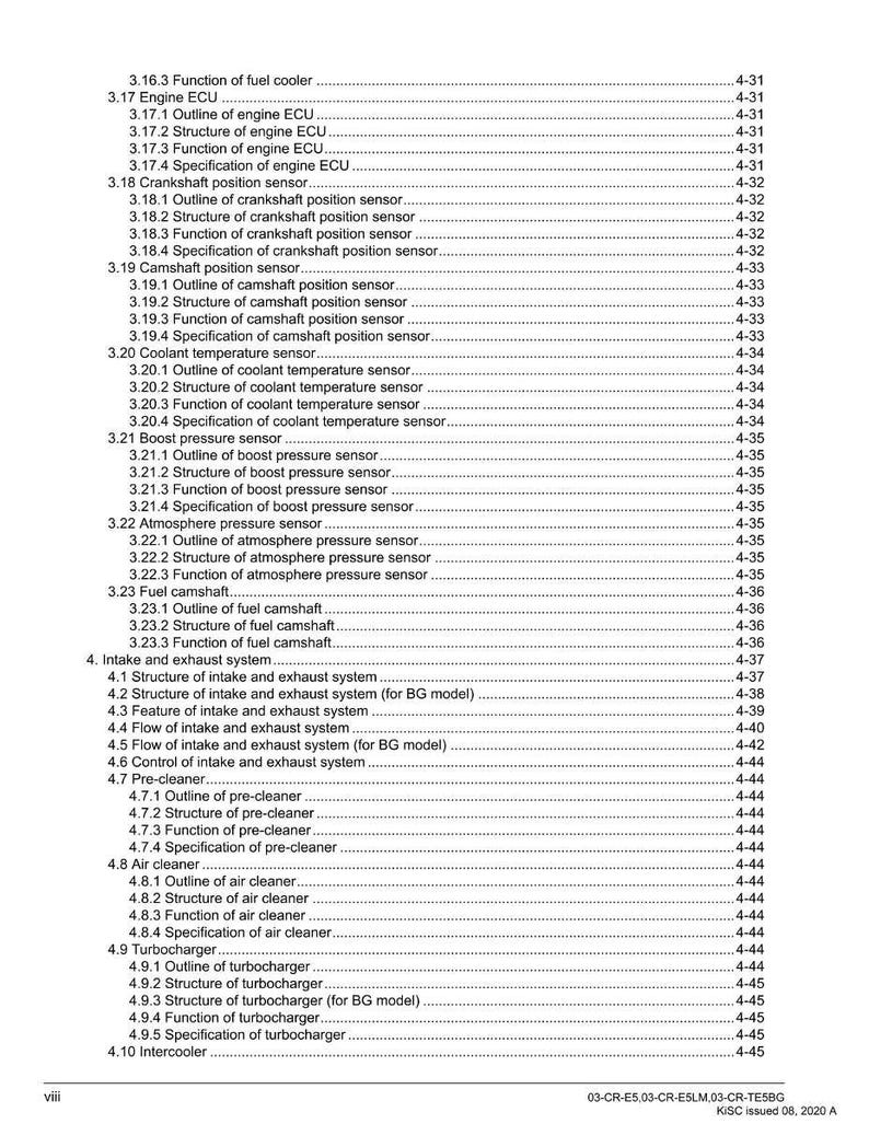 May include: A technical manual page with a table of contents, detailing engine components and functions. The text is black on white, with page numbers and section titles. The document is for automotive repair, with measurements in cm.