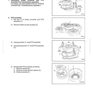 May include: Diagram of torque converter assembly with step-by-step instructions. Includes illustrations of PTO assembly, removal of parts, and disassembly procedures. Text includes instructions for each step, with part numbers.
