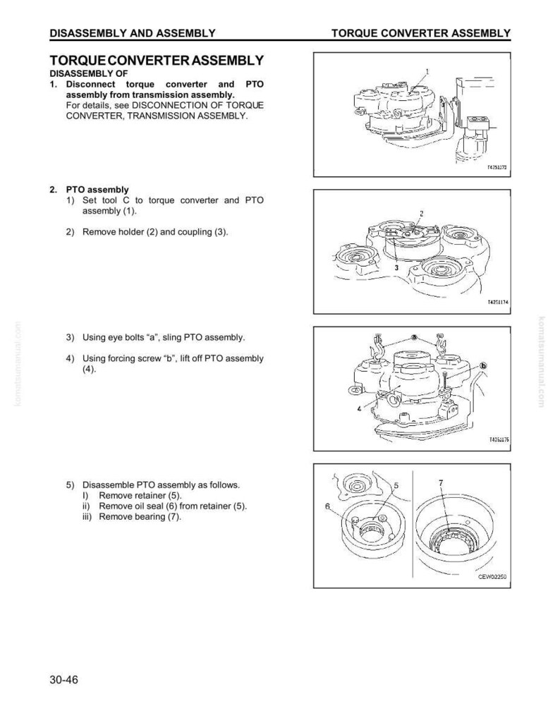 May include: Diagram of torque converter assembly with step-by-step instructions. Includes illustrations of PTO assembly, removal of parts, and disassembly procedures. Text includes instructions for each step, with part numbers.