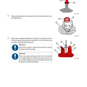Pu&ograve; includere: Diagramma tecnico che illustra le fasi di montaggio meccanico. L'immagine presenta componenti etichettati come cuscinetti, pignoni e supporti. Le istruzioni in francese guidano il processo di assemblaggio.