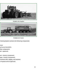 May include: Two black and white images of John Deere agricultural machinery. The top image shows a large tractor with a dragline, labeled PC26661-UN. The bottom image shows a tractor pulling a tanker, labeled PC26662-UN.