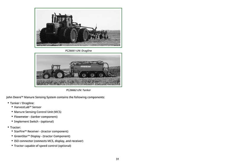 May include: Two black and white images of John Deere agricultural machinery. The top image shows a large tractor with a dragline, labeled PC26661-UN. The bottom image shows a tractor pulling a tanker, labeled PC26662-UN.