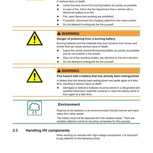May include: A safety instruction sheet with warnings about handling HV components. The document includes warnings about burns, poisoning, and fire hazards related to batteries. It also provides environmental disposal guidelines.