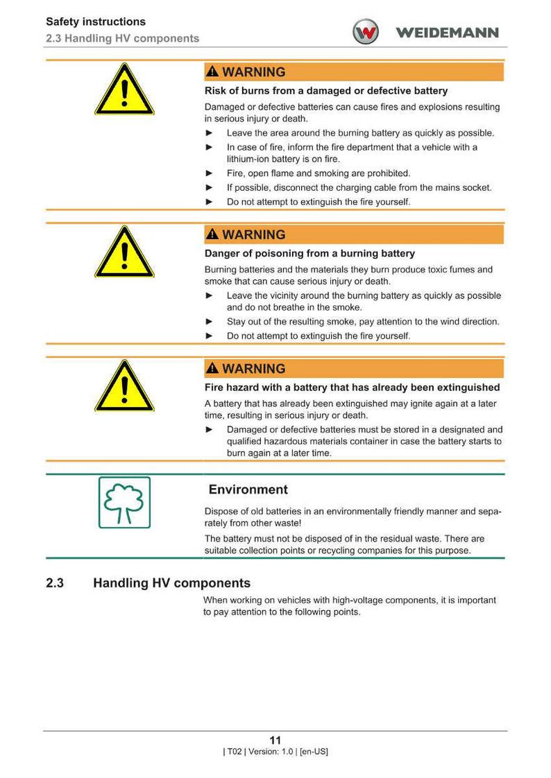 May include: A safety instruction sheet with warnings about handling HV components. The document includes warnings about burns, poisoning, and fire hazards related to batteries. It also provides environmental disposal guidelines.