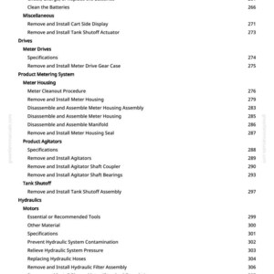 Puede incluir: Una p&aacute;gina de manual con un &iacute;ndice detallado. Las secciones cubren bater&iacute;as, accionamientos e hidr&aacute;ulica, con n&uacute;meros de p&aacute;gina a la derecha. El sitio web greenfarmmanuals.com es visible.
