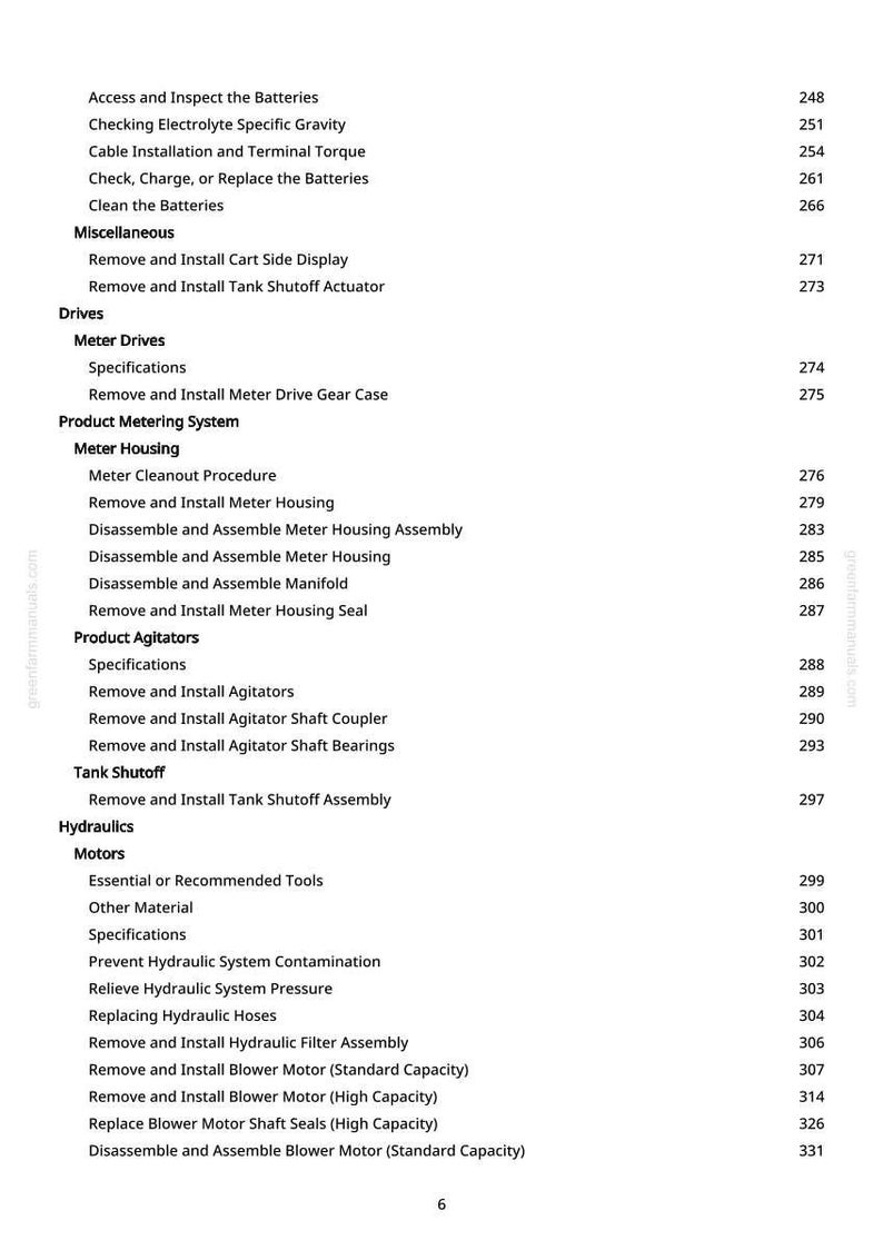 Puede incluir: Una p&aacute;gina de manual con un &iacute;ndice detallado. Las secciones cubren bater&iacute;as, accionamientos e hidr&aacute;ulica, con n&uacute;meros de p&aacute;gina a la derecha. El sitio web greenfarmmanuals.com es visible.