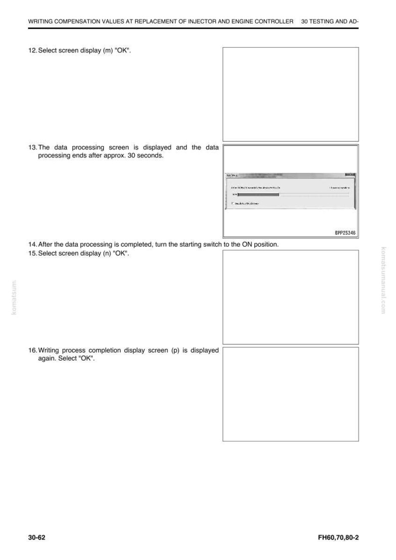 May include: A page from a manual with instructions for engine controller adjustments. The text includes steps for selecting screen displays and data processing. A screenshot of a computer screen is visible. The document is labeled FH60,70,80-2.