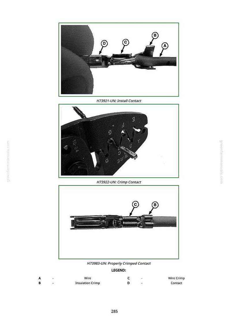 May include: Diagrams showing the installation and crimping of electrical contacts. The images detail the steps for installing and crimping wires, including the use of a crimping tool. The text includes labels for wire, insulation crimp, and wire crimp contact.