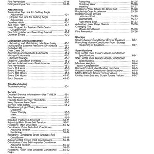 May include: A detailed table of contents from a manual, listing various topics related to machinery maintenance and service. Sections include fire prevention, lubrication, attachments, and troubleshooting, with page numbers for easy reference.