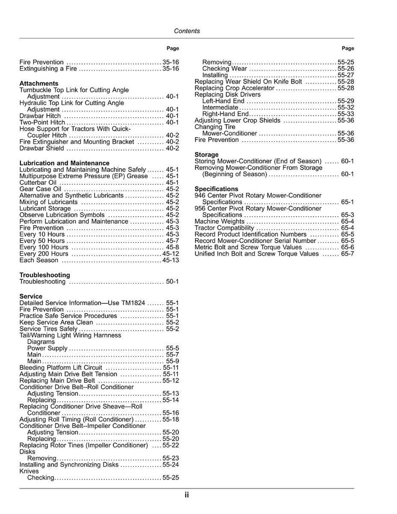 May include: A detailed table of contents from a manual, listing various topics related to machinery maintenance and service. Sections include fire prevention, lubrication, attachments, and troubleshooting, with page numbers for easy reference.