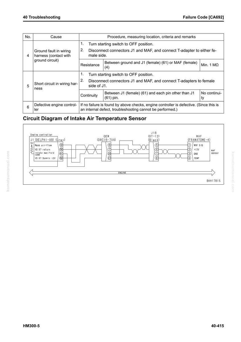 May include: A troubleshooting guide page with a circuit diagram for an intake air temperature sensor. The page includes a table with causes, procedures, and resistance measurements. The diagram shows various connectors and wiring details.