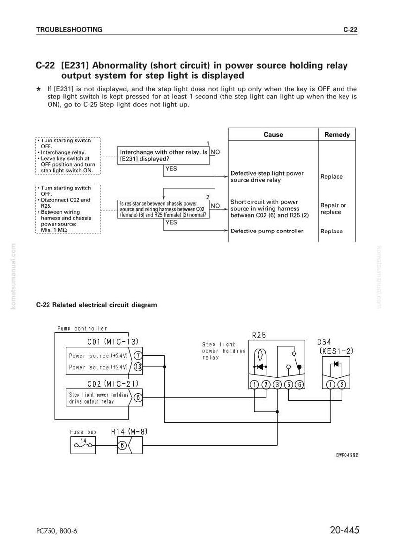 May include: A troubleshooting diagram for a power source holding relay system. The diagram includes a flow chart with causes and remedies for electrical issues, along with a circuit diagram showing components like relays and fuses.