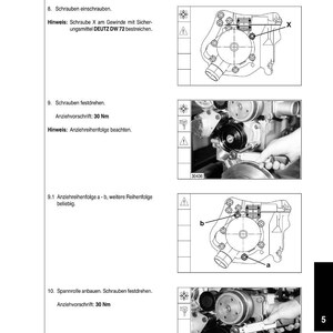 K&ouml;nnte beinhalten: Diagramm aus einem Werkstatthandbuch, das den Aus- und Einbau von Komponenten zeigt. Das Bild enth&auml;lt Illustrationen von mechanischen Teilen mit Text in Deutsch und Englisch sowie Anweisungen zum Anziehen von Schrauben auf 30 Nm.
