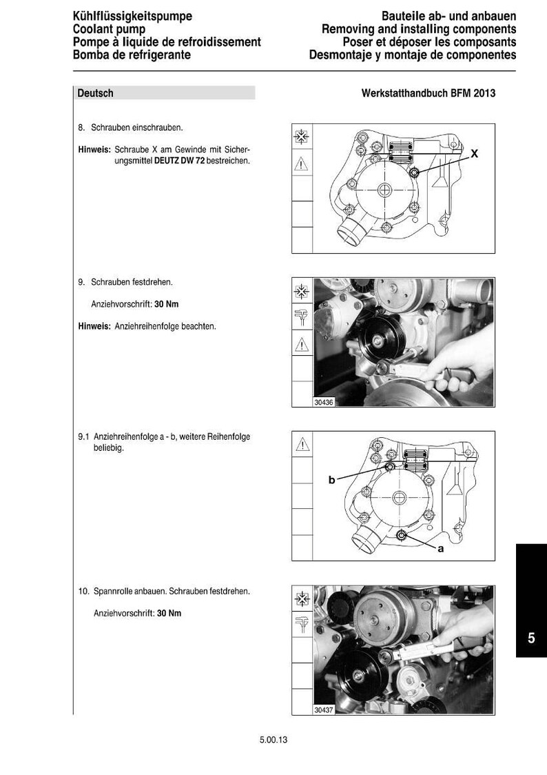 K&ouml;nnte beinhalten: Diagramm aus einem Werkstatthandbuch, das den Aus- und Einbau von Komponenten zeigt. Das Bild enth&auml;lt Illustrationen von mechanischen Teilen mit Text in Deutsch und Englisch sowie Anweisungen zum Anziehen von Schrauben auf 30 Nm.