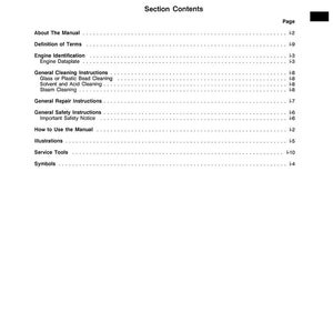 May include: A white page from a manual titled "Section i - Introduction" with a table of contents. The text includes "About The Manual", "Engine Identification", "General Cleaning Instructions", and "General Repair Instructions".