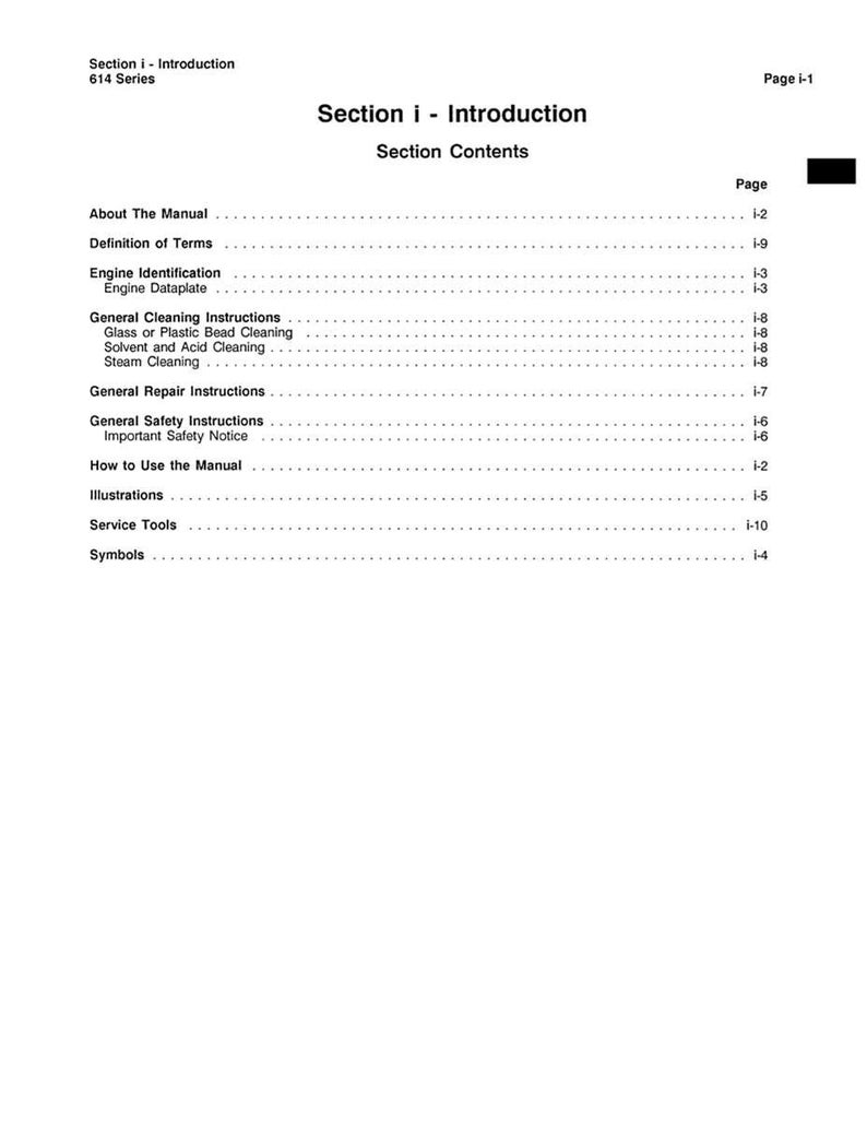 May include: A white page from a manual titled "Section i - Introduction" with a table of contents. The text includes "About The Manual", "Engine Identification", "General Cleaning Instructions", and "General Repair Instructions".