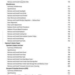 May include: A page from a manual with a list of automotive repair procedures, including removing and installing various components like the hood latch, headlight, and radiator. The text is black on a white background.