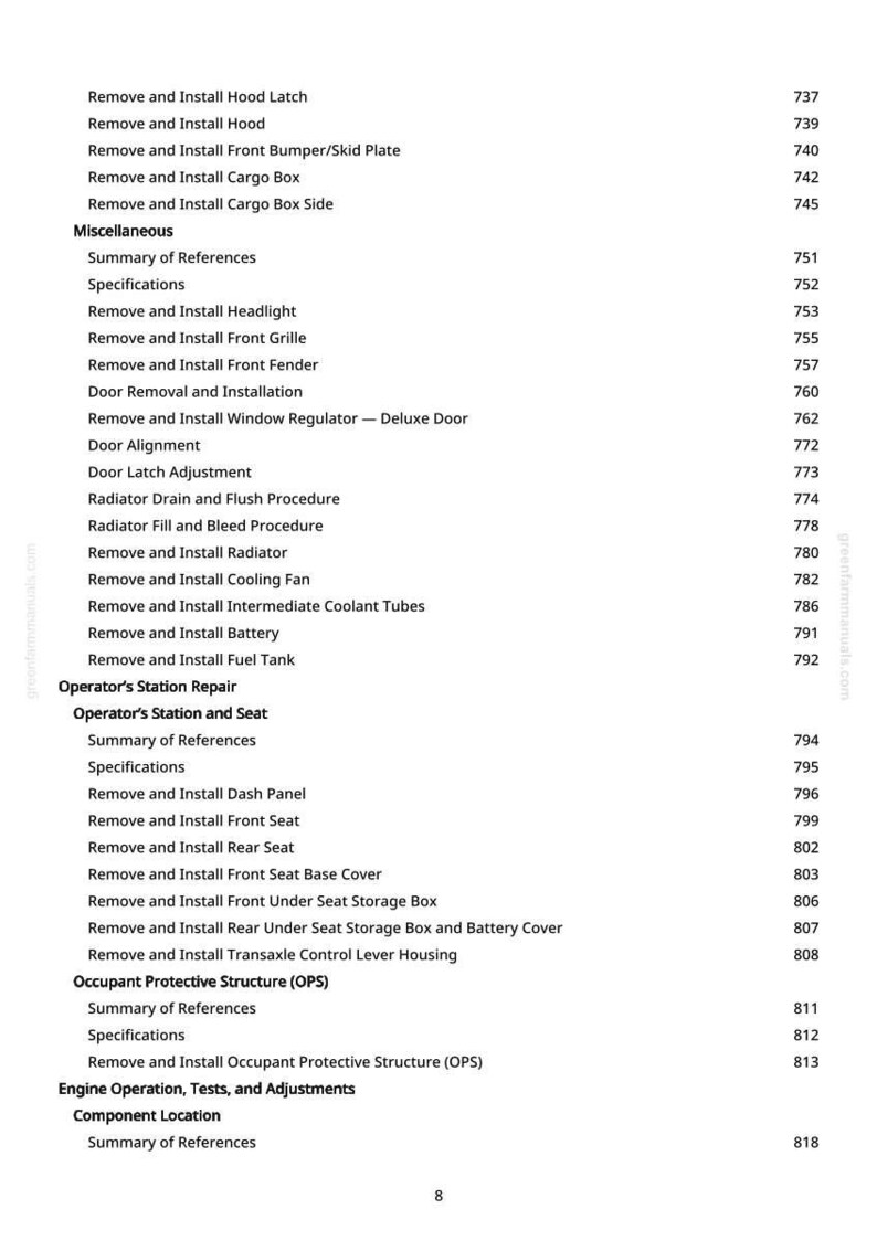 May include: A page from a manual with a list of automotive repair procedures, including removing and installing various components like the hood latch, headlight, and radiator. The text is black on a white background.