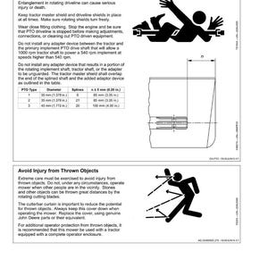 May include: Safety instructions page with illustrations and text. The page includes warnings about rotating drivelines and thrown objects. Diagrams show potential hazards and safety measures for agricultural equipment.
