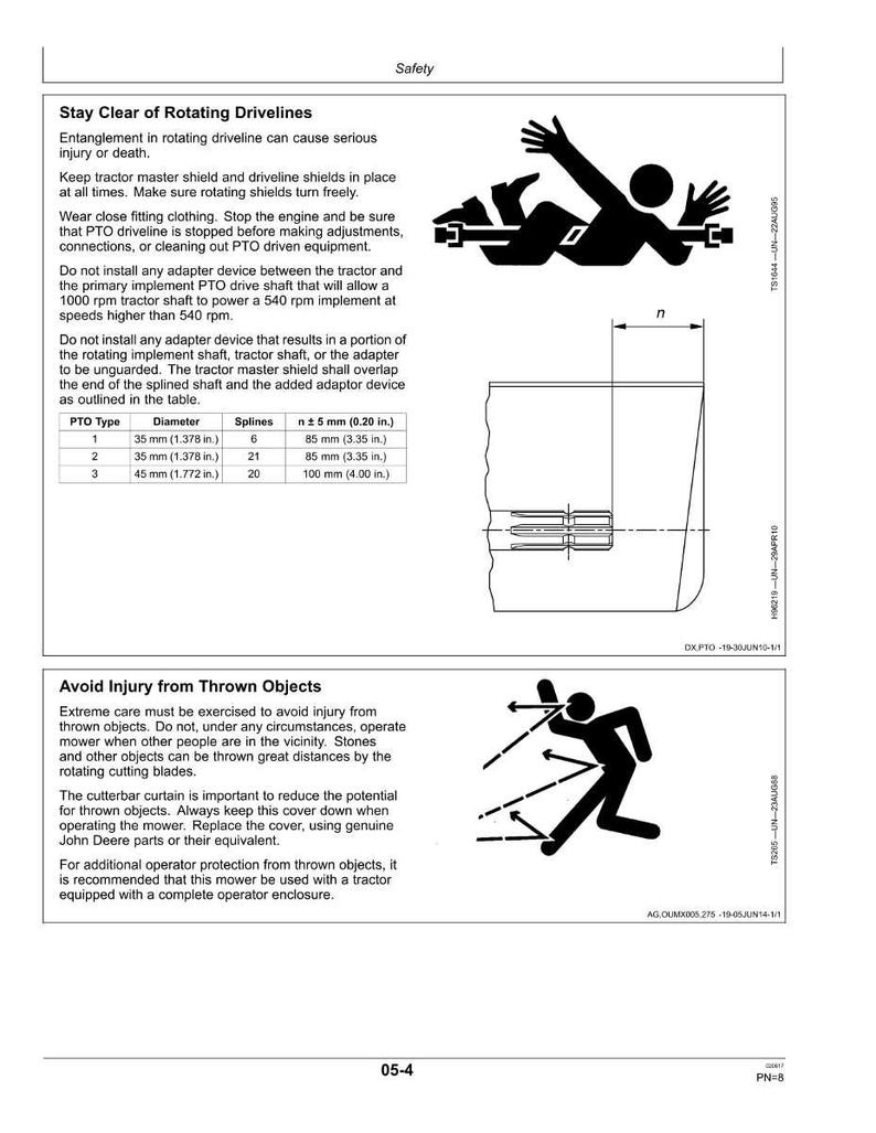 May include: Safety instructions page with illustrations and text. The page includes warnings about rotating drivelines and thrown objects. Diagrams show potential hazards and safety measures for agricultural equipment.