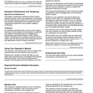 May include: A page from a John Deere machine manual, detailing product information, emissions performance, and operator instructions. The manual includes sections on machine use and service provider information.