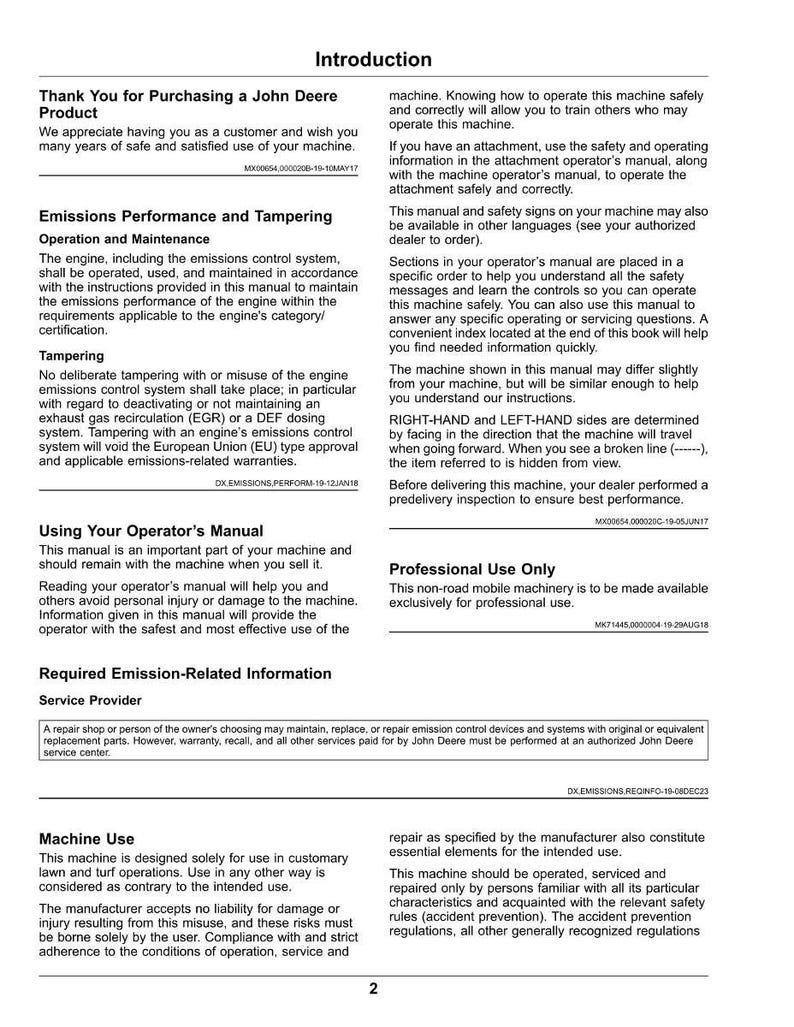May include: A page from a John Deere machine manual, detailing product information, emissions performance, and operator instructions. The manual includes sections on machine use and service provider information.