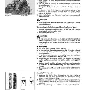 Puede incluir: Una p&aacute;gina de manual t&eacute;cnico con diagramas e instrucciones. La p&aacute;gina incluye un diagrama de un componente del motor etiquetado como "Fuel Pipe" y "Clamp". El texto detalla los procedimientos de mantenimiento, incluida la comprobaci&oacute;n y el cambio de los tubos de combustible y el agua de refrigeraci&oacute;n. Tambi&eacute;n incluye un diagrama de una correa de ventilador.